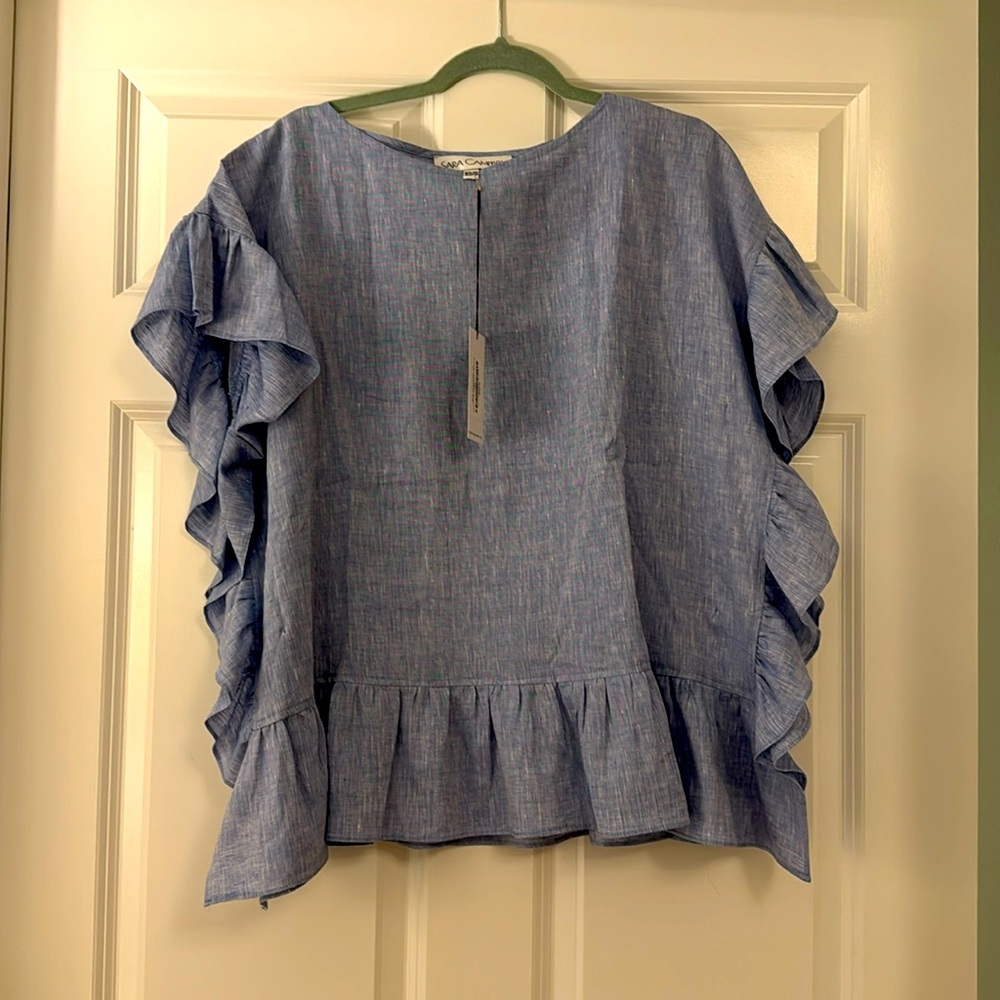 NWT Sara Campbell Linen Tunic with Ruffle - light blue - XS/S